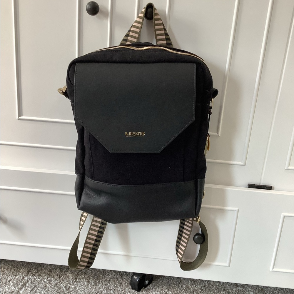 R. Riveter CORBIN | SIGNATURE Black Canvas and Tan Backpack
